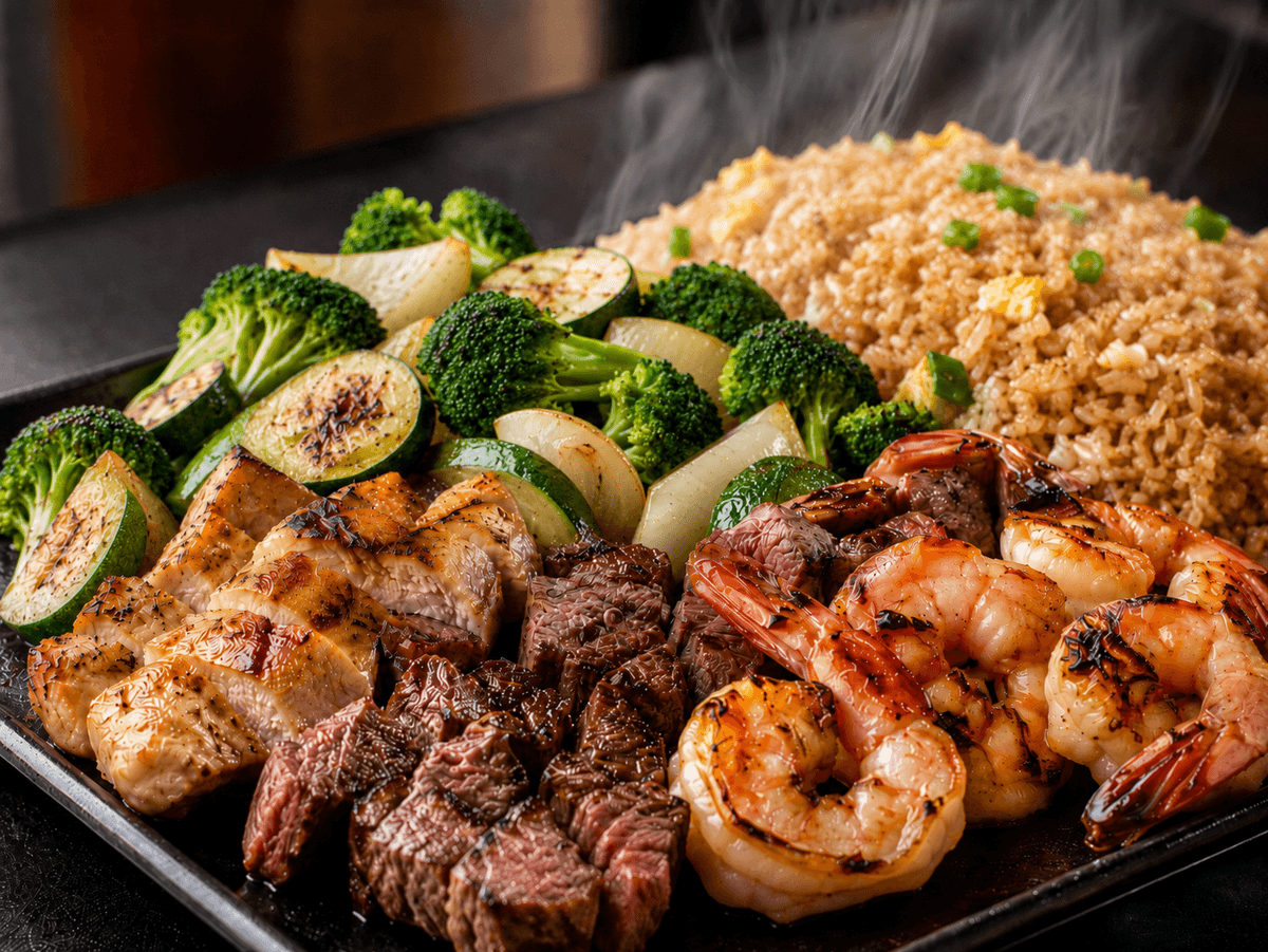 Close up of hibachi food — steak, shrimp, fried rice